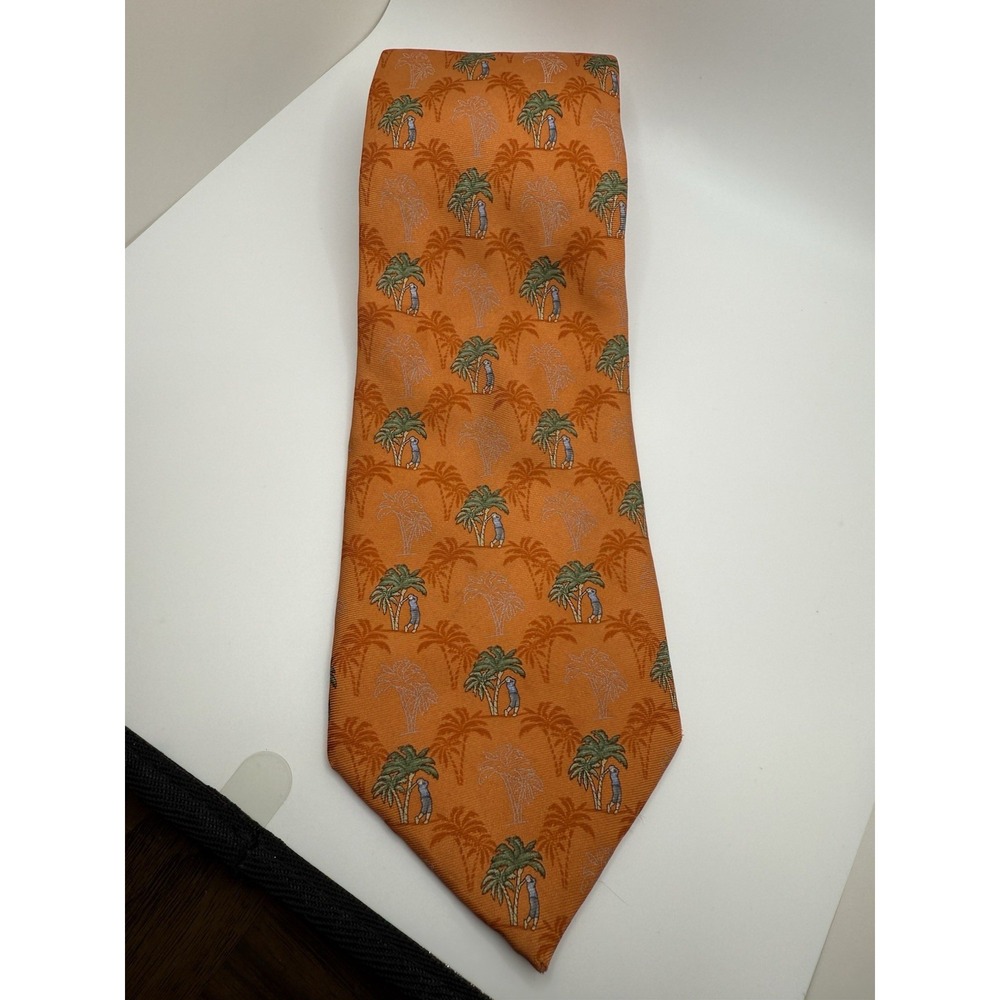 Van Heusen Palm Tree Golfer Tie Orange Jacquard Woven Novelty Polyester 61"